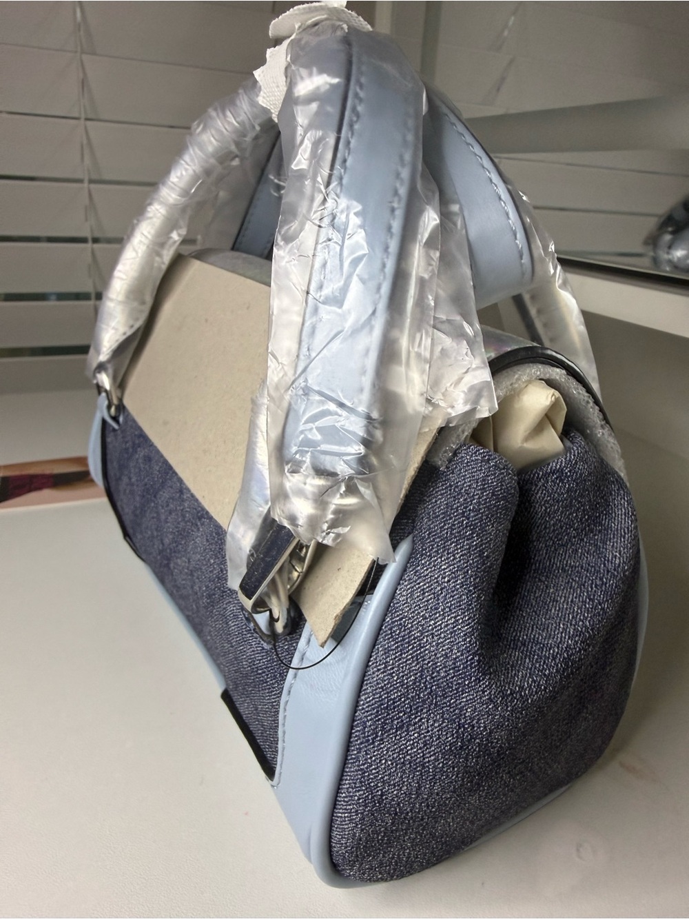 Aris Iridescent Flap Denim Satchel in Light Blue - Picture 6 of 9